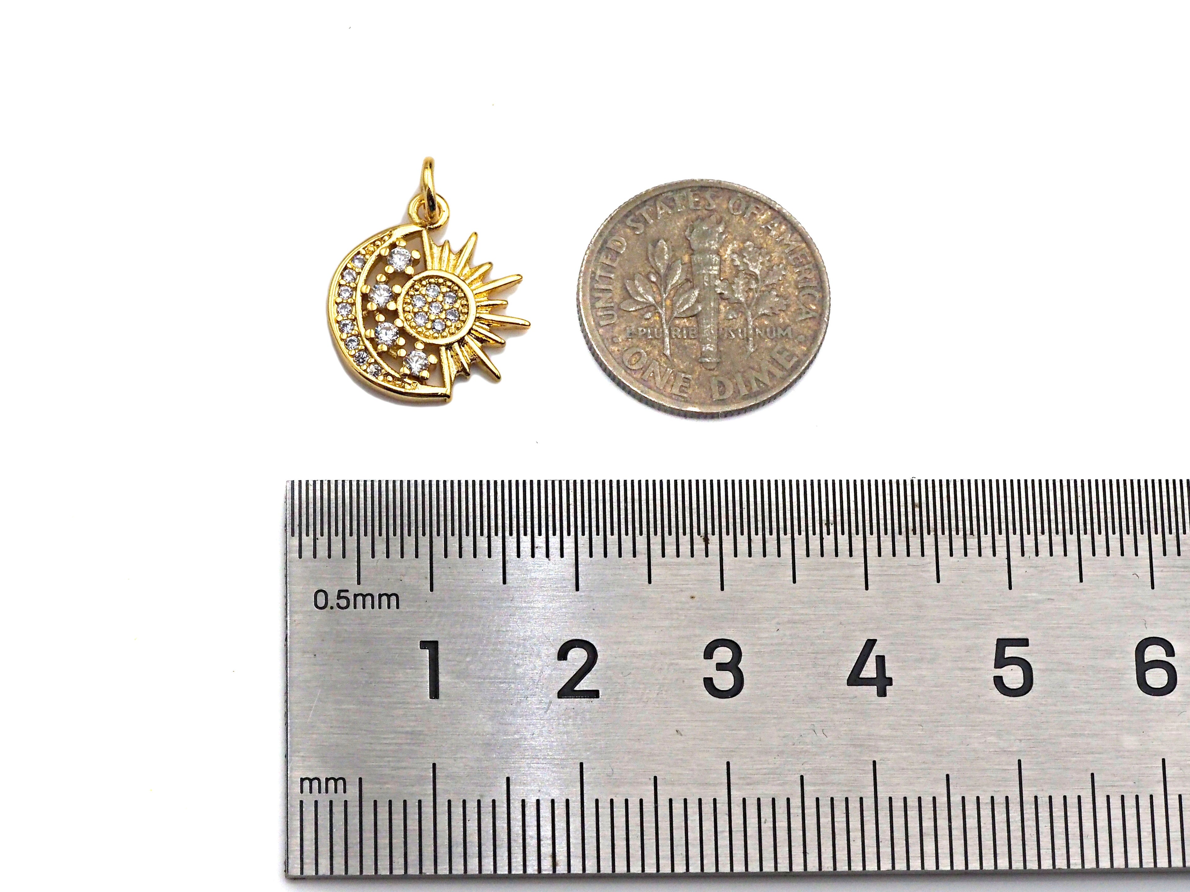 CZ Micro Pave Daint Sun Star On Cresent Moon Charms, Dainty Charms, Gold Pendant, Star Moon Necklace Charms, 14x15mm, Sku#Z1259