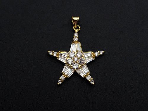 Bagette CZ Micro Pave Five Star Shape Pendant, Cubic Zirconia Pendant, Silver/Gold Tone, 30mm, Sku#FH67