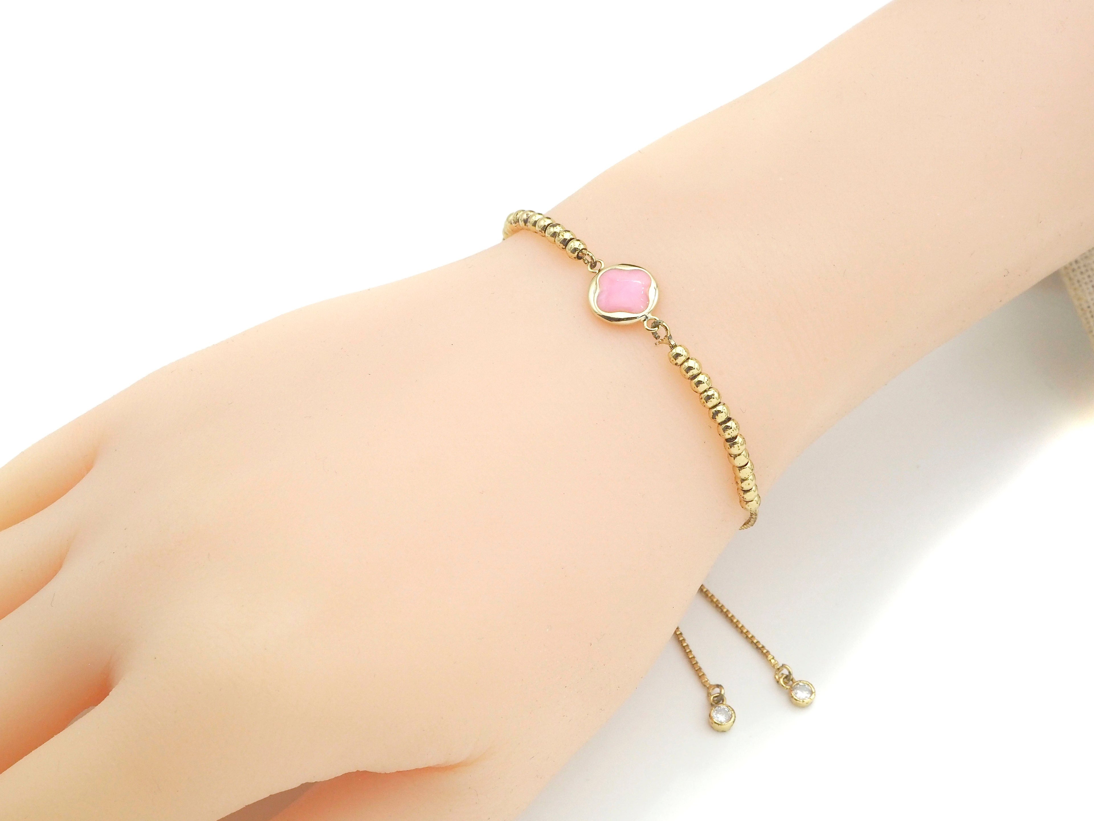 Gold Filled Pink Enamel Clover On Round Coin Shape Connector, 14K Gold Filled Clover Links, Necklace Bracelet Connector, 10x15mm, Sku#CP31