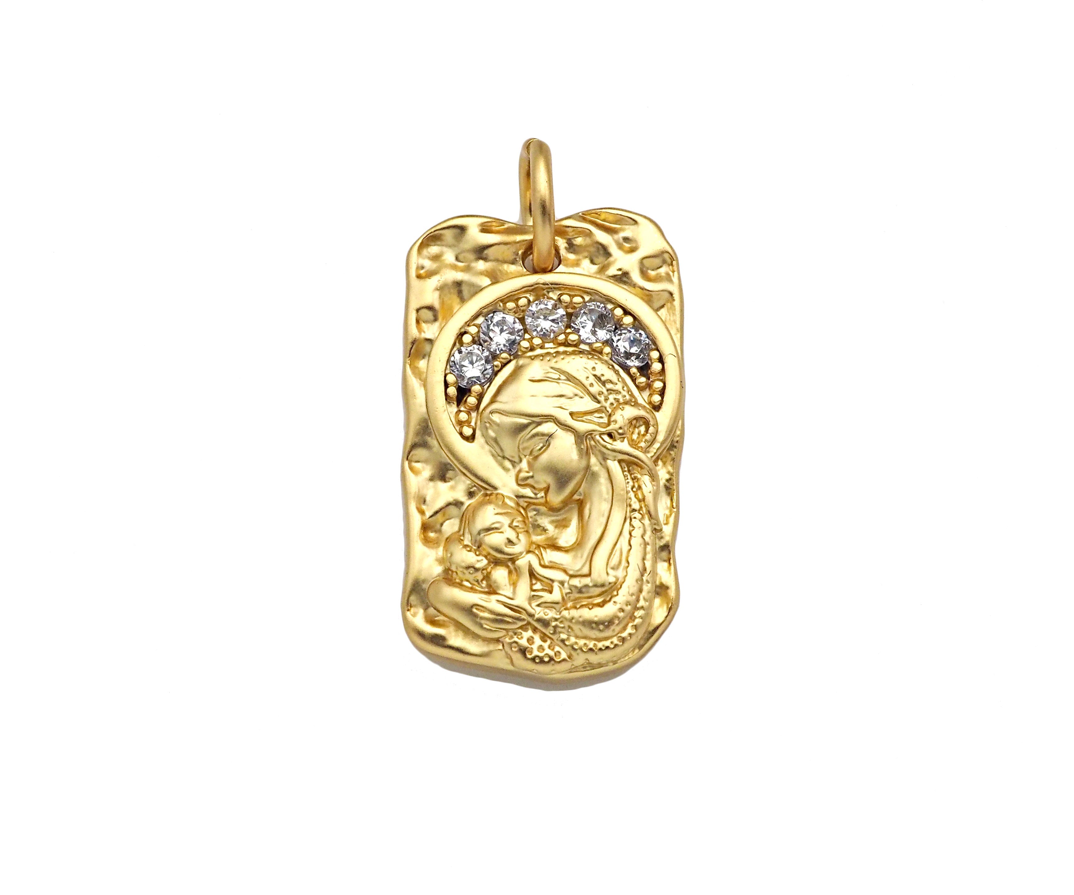 CZ Micro Pave Embossed St Mary On Rectangle Pendant, Matt Gold/Silver Charm, Necklace Bracelet Charm Pendant, 17x10mm, Sku#Y454