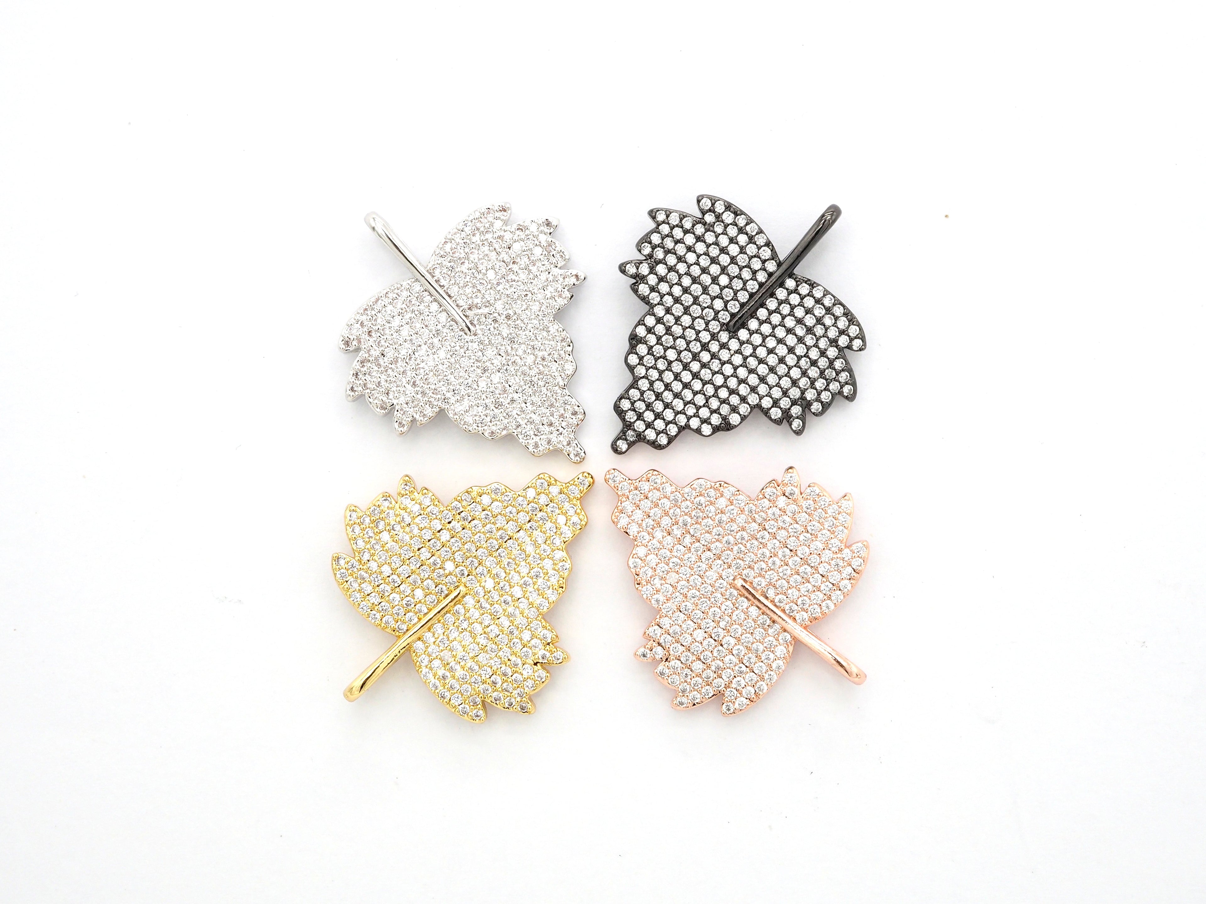 CZ Clear Micro Pave Leaf Charm Pendant, Leaf Shaped Pave Pendant, Gold/Rose Gold/Silver/Gunmetal plated, 31x36mm, Sku#F507