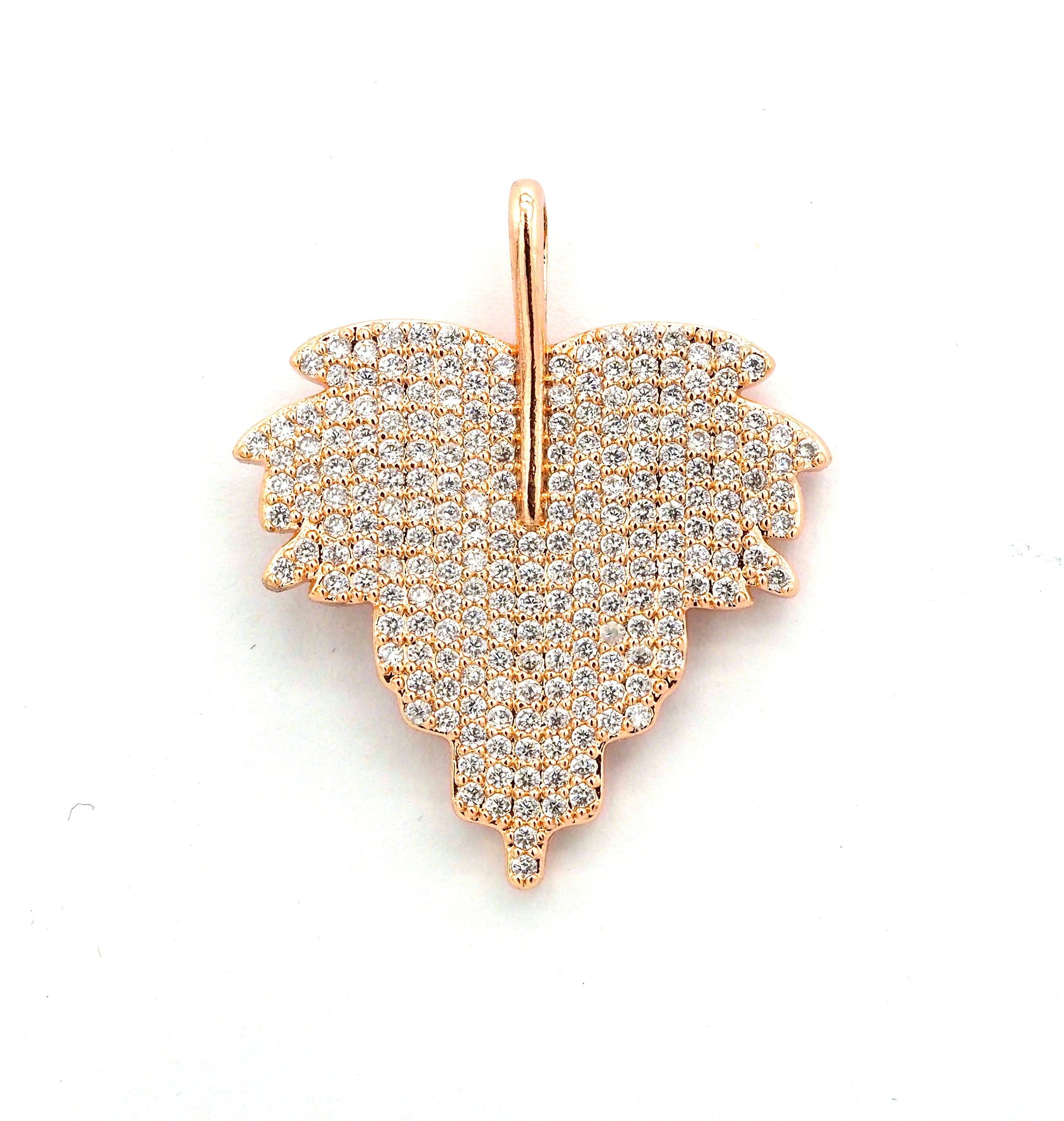 CZ Clear Micro Pave Leaf Charm Pendant, Leaf Shaped Pave Pendant, Gold/Rose Gold/Silver/Gunmetal plated, 31x36mm, Sku#F507