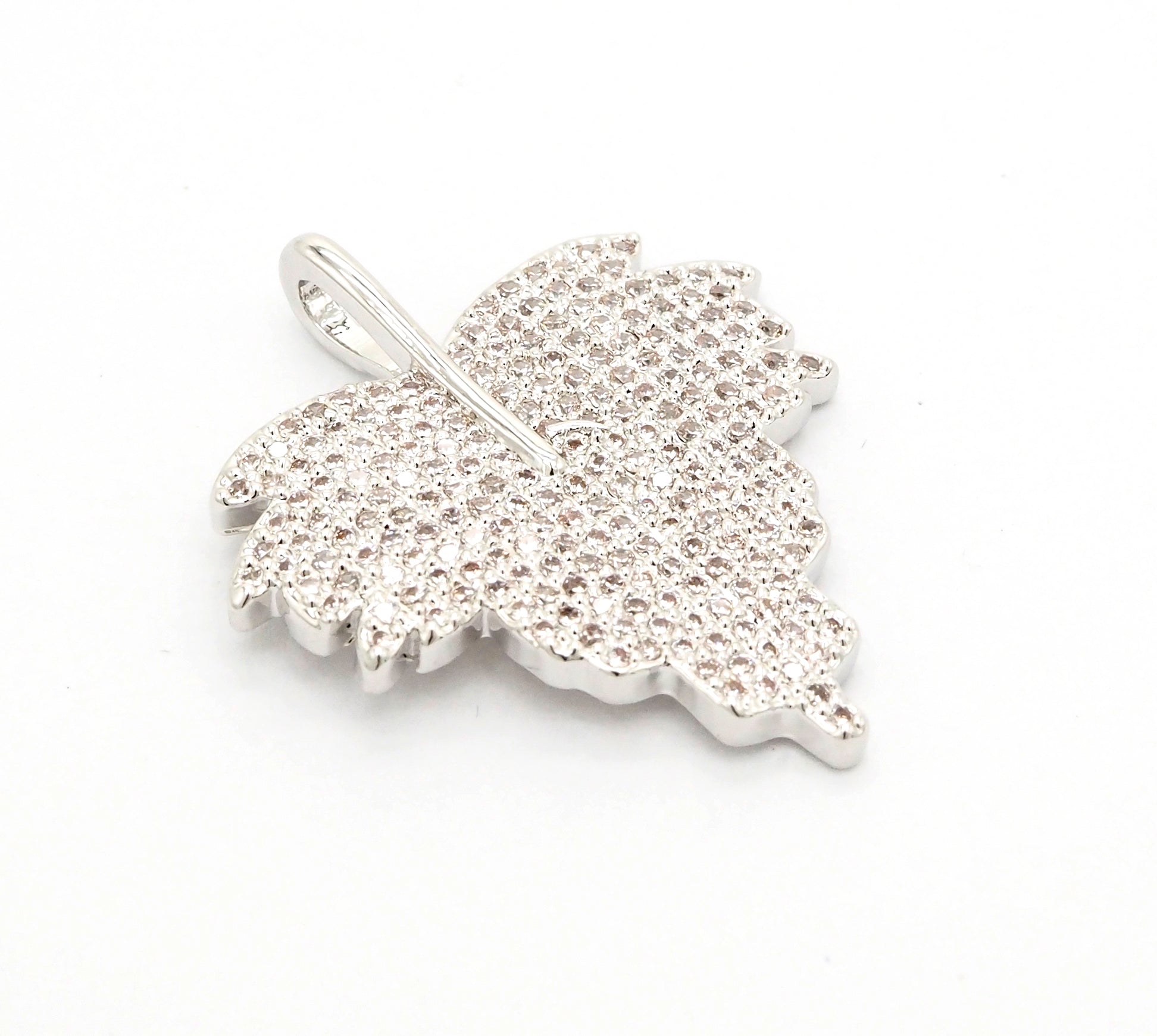 CZ Clear Micro Pave Leaf Charm Pendant, Leaf Shaped Pave Pendant, Gold/Rose Gold/Silver/Gunmetal plated, 31x36mm, Sku#F507
