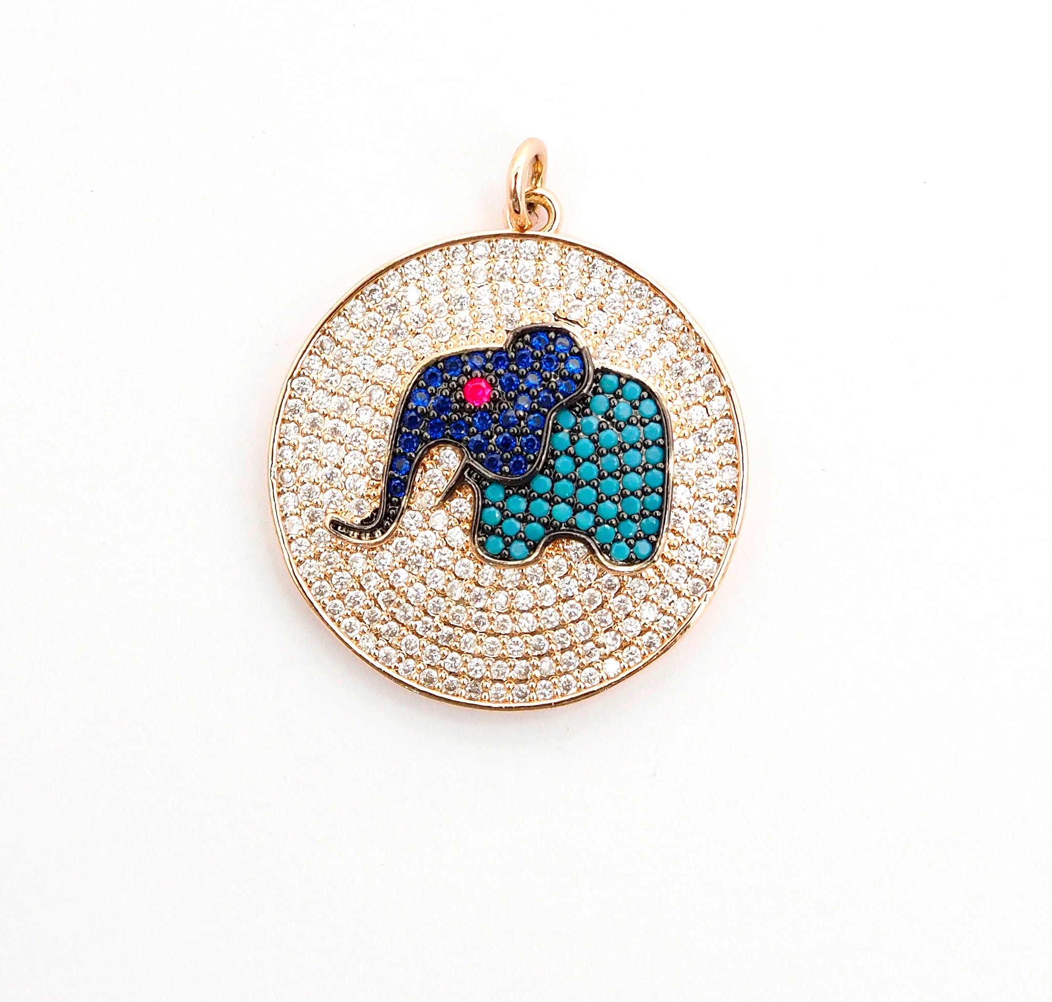 26mm CZ Micro Pave Elephant on Disc Pendant, Cubic Zirconia Elephant Charm/Pendant, Silver/Gold/Rose Gold/Black, 26x28mm, Sku#F499
