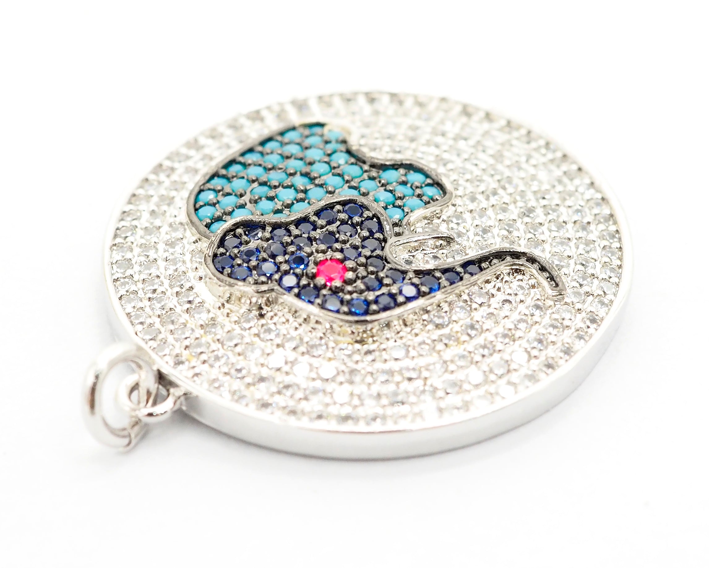 26mm CZ Micro Pave Elephant on Disc Pendant, Cubic Zirconia Elephant Charm/Pendant, Silver/Gold/Rose Gold/Black, 26x28mm, Sku#F499