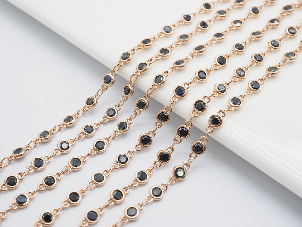 1 Foot/Yard- Black CZ Beaded Chain-4mm Cubic Zirconia Gold Silver Rose Gold Gunmetal Plated Bezel Chain, Bezel Connector Beads, sku#E402