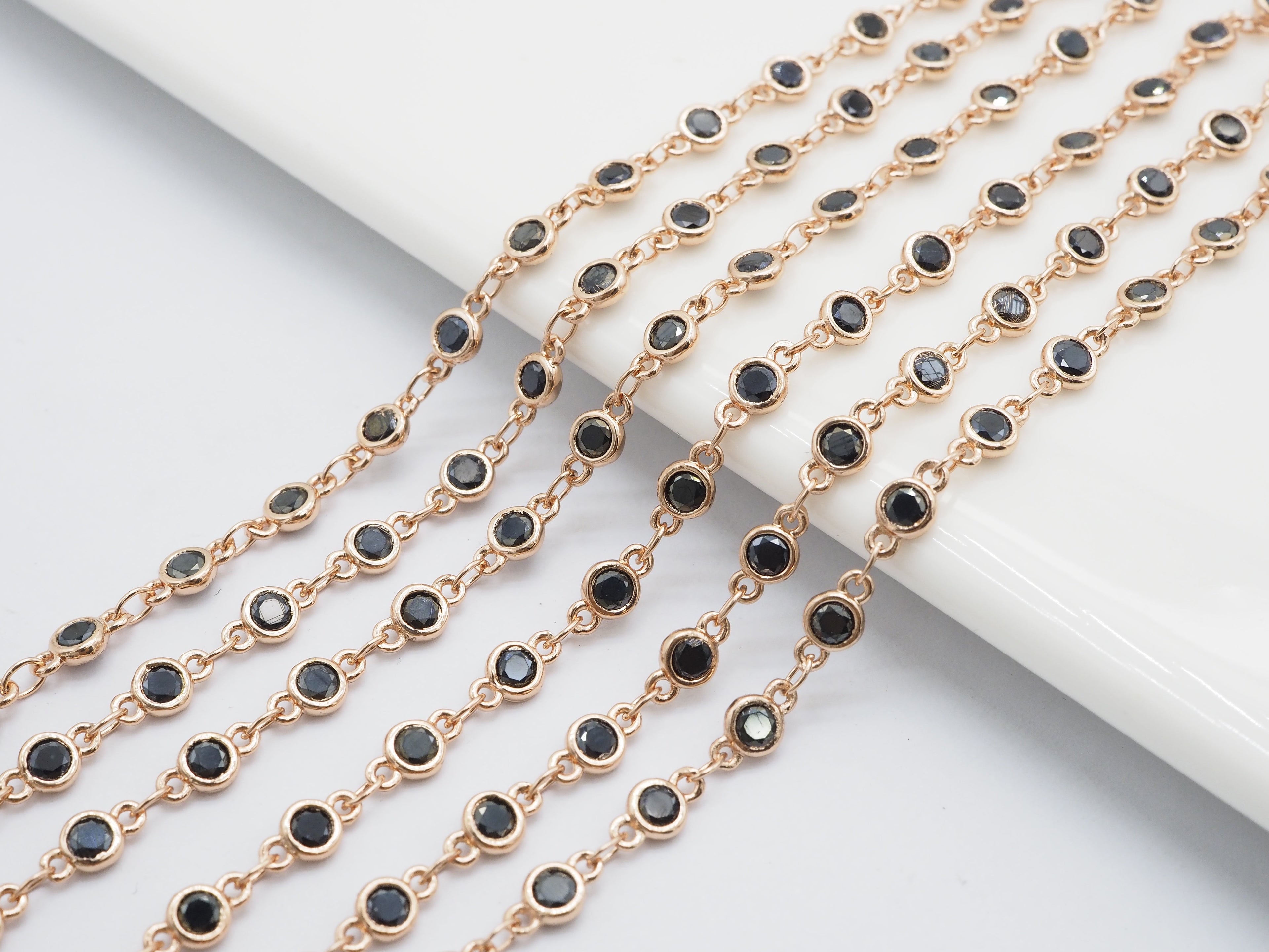 1 Foot/Yard- Black CZ Beaded Chain-4mm Cubic Zirconia Gold Silver Rose Gold Gunmetal Plated Bezel Chain, Bezel Connector Beads, sku#E402