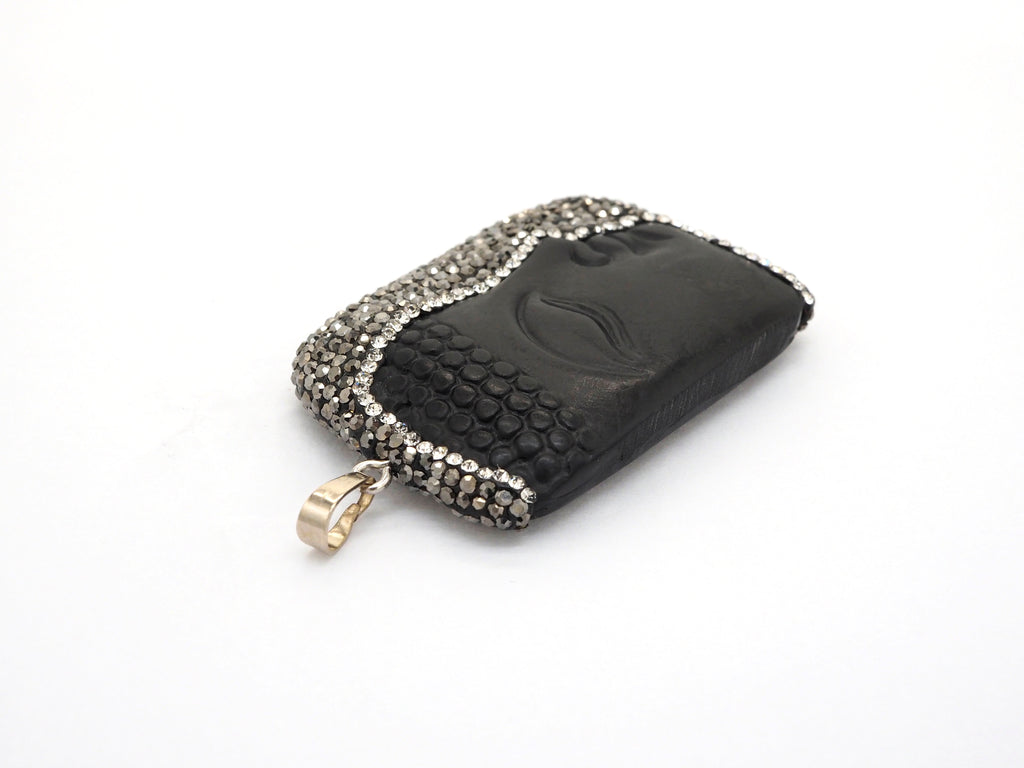 Rare Large Size Black Obsidian Buddha Head Pendant, Pave Crystal Rhinestone Encrusted Buddha Pendant,37x52x10mm,sku#V21