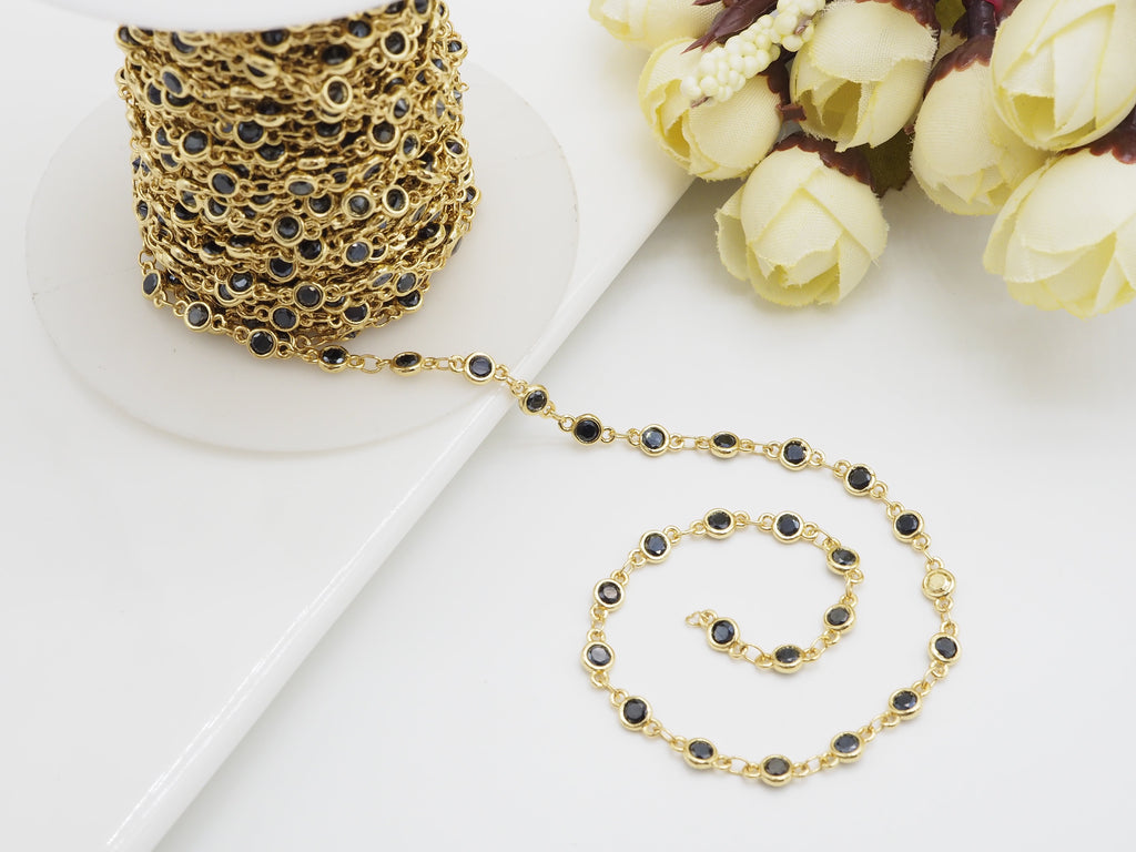 1 Foot/Yard- Black CZ Beaded Chain-4mm Cubic Zirconia Gold Silver Rose Gold Gunmetal Plated Bezel Chain, Bezel Connector Beads, sku#E402
