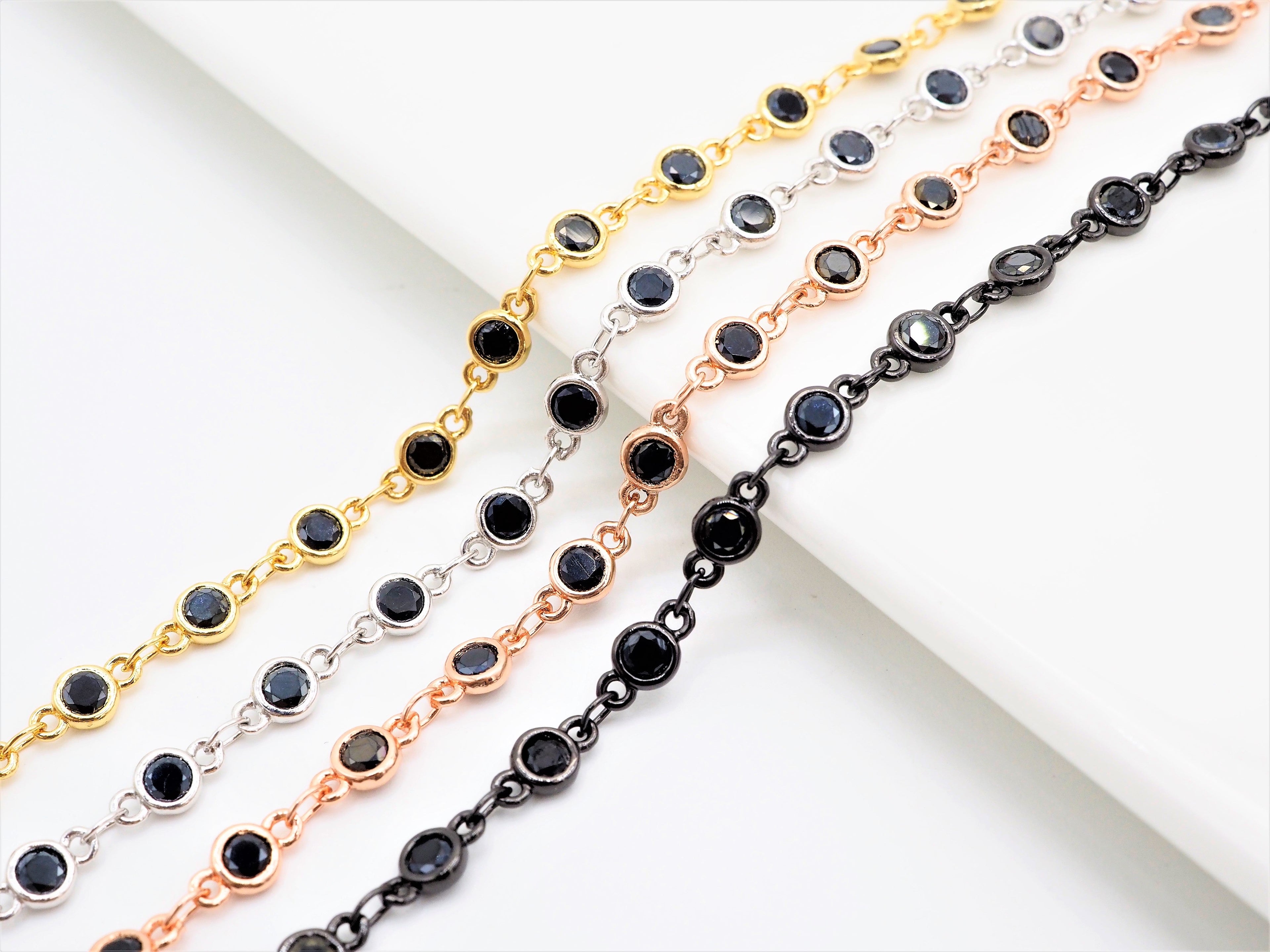 1 Foot/Yard- Black CZ Beaded Chain-4mm Cubic Zirconia Gold Silver Rose Gold Gunmetal Plated Bezel Chain, Bezel Connector Beads, sku#E402