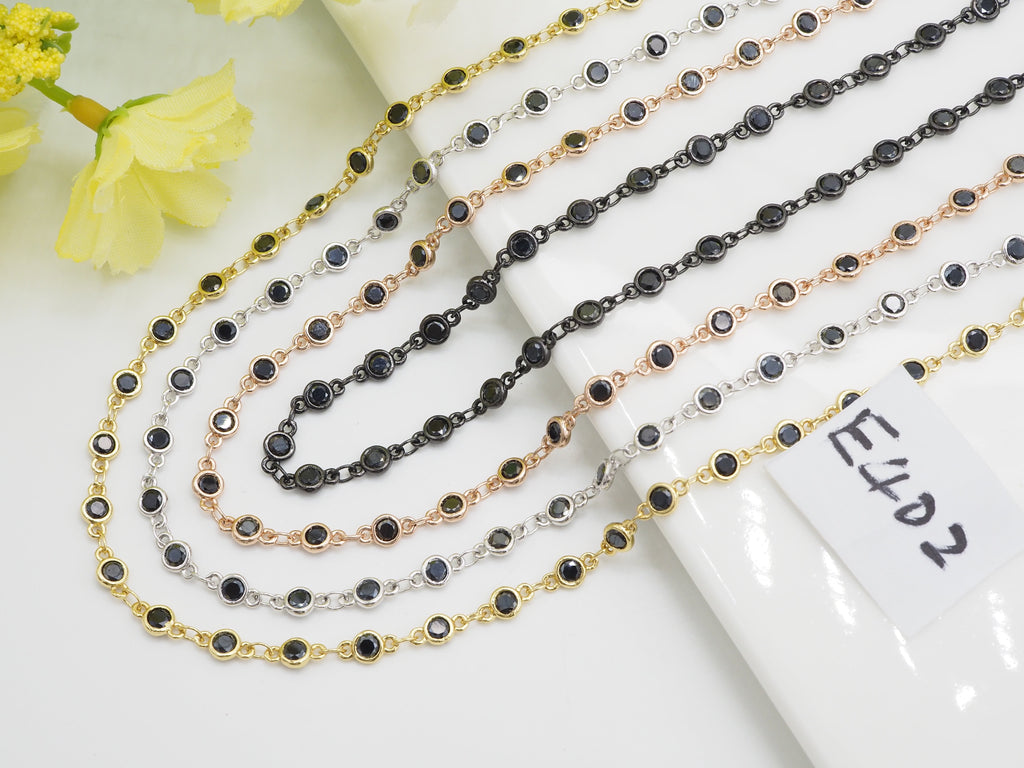 1 Foot/Yard- Black CZ Beaded Chain-4mm Cubic Zirconia Gold Silver Rose Gold Gunmetal Plated Bezel Chain, Bezel Connector Beads, sku#E402