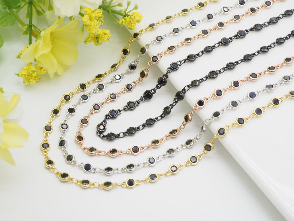 1 Foot/Yard- Black CZ Beaded Chain-4mm Cubic Zirconia Gold Silver Rose Gold Gunmetal Plated Bezel Chain, Bezel Connector Beads, sku#E402