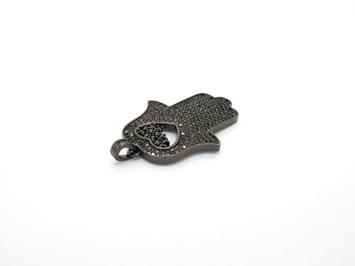 Black CZ Pave On Black Micro Pave Hamsa Hand with Heart Pendant/Charm,Cubic Zirconia Pendant,Fashion Jewelry Findings, 27x35mm, sku#F539