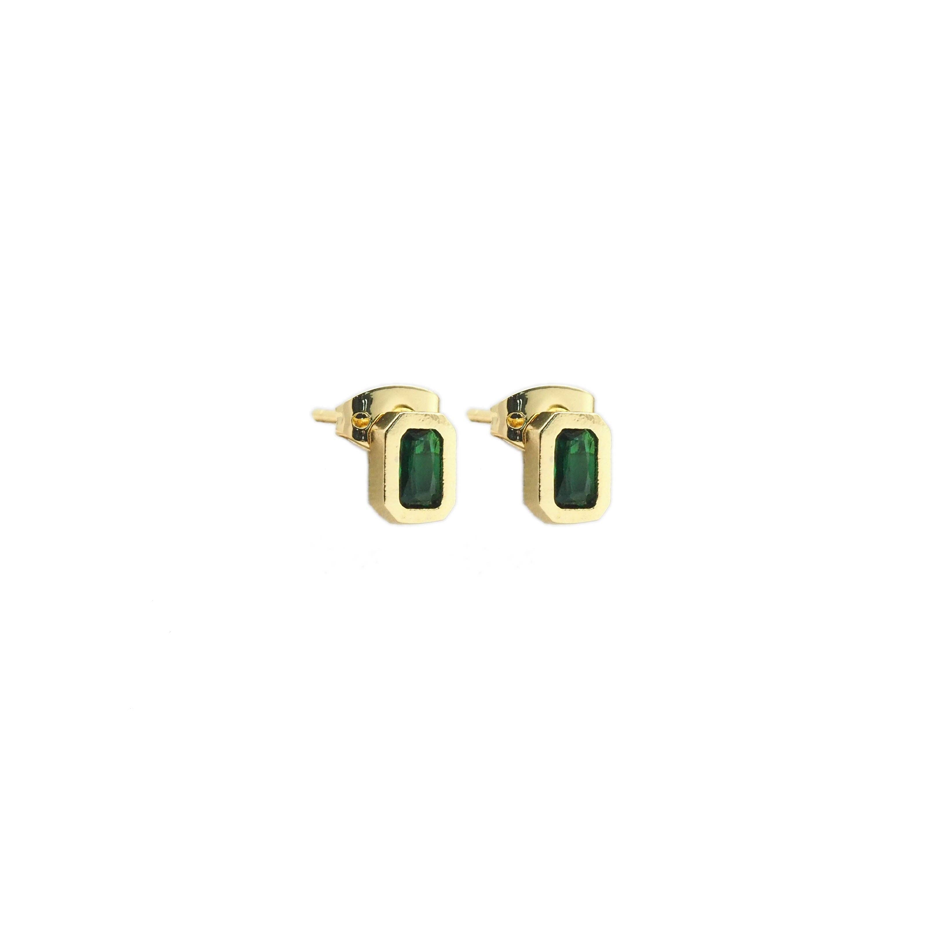 Gold Clear/ Green Rectangle CZ Stud Earrings, Sku#Y843