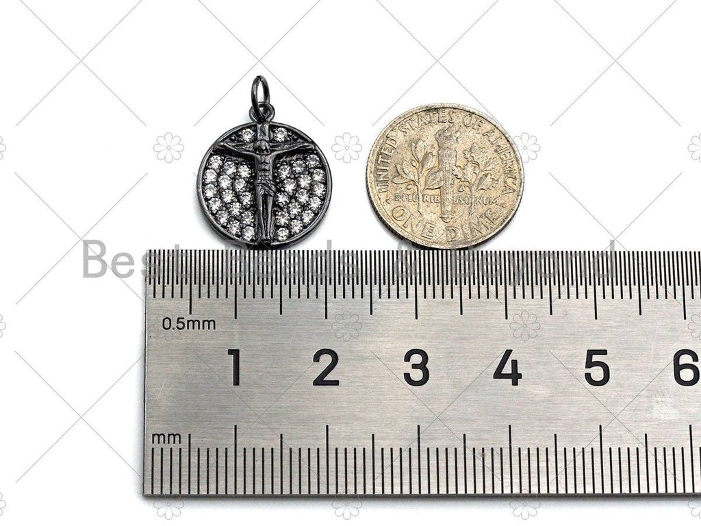 CZ Micro Pave Jesus Cross Round Coin Pendant/Charm, Jesus Charm, Cubic Zirconia Pave Charm, Cross Charm, 16mm, sku#Y296