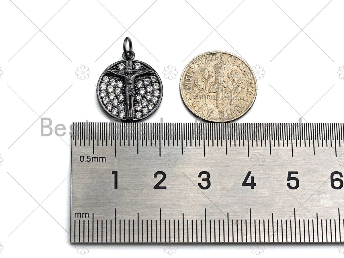 CZ Micro Pave Jesus Cross Round Coin Pendant/Charm, Jesus Charm, Cubic Zirconia Pave Charm, Cross Charm, 16mm, sku#Y296