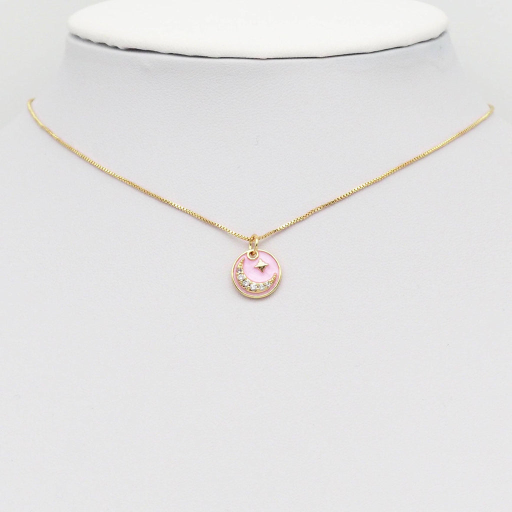 Pink Enamel CZ Cresent Moon Coin Charm, Sku#Y893