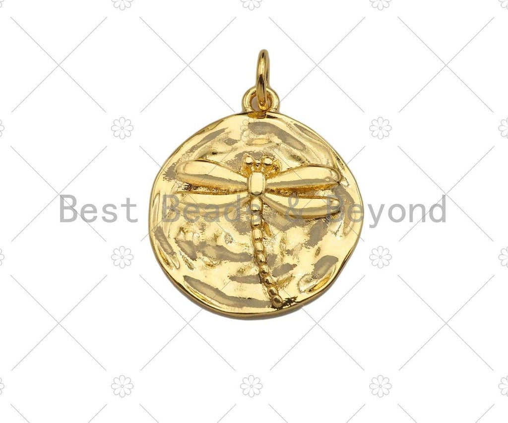 Dainty Dragonfly On Round Coin Shape Pendant/Charm, Gold Dragonfly Medallion Charm, Necklace Bracelet Charm Pendant,18x20mm, Sku#Z1274