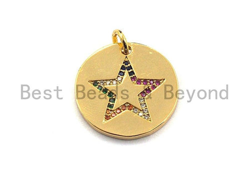 CZ Colorful Micro Pave Round Gold With Five Star Pendant, Coin Shaped Pave Pendant, Gold plated, 21x21mm, Sku#F869