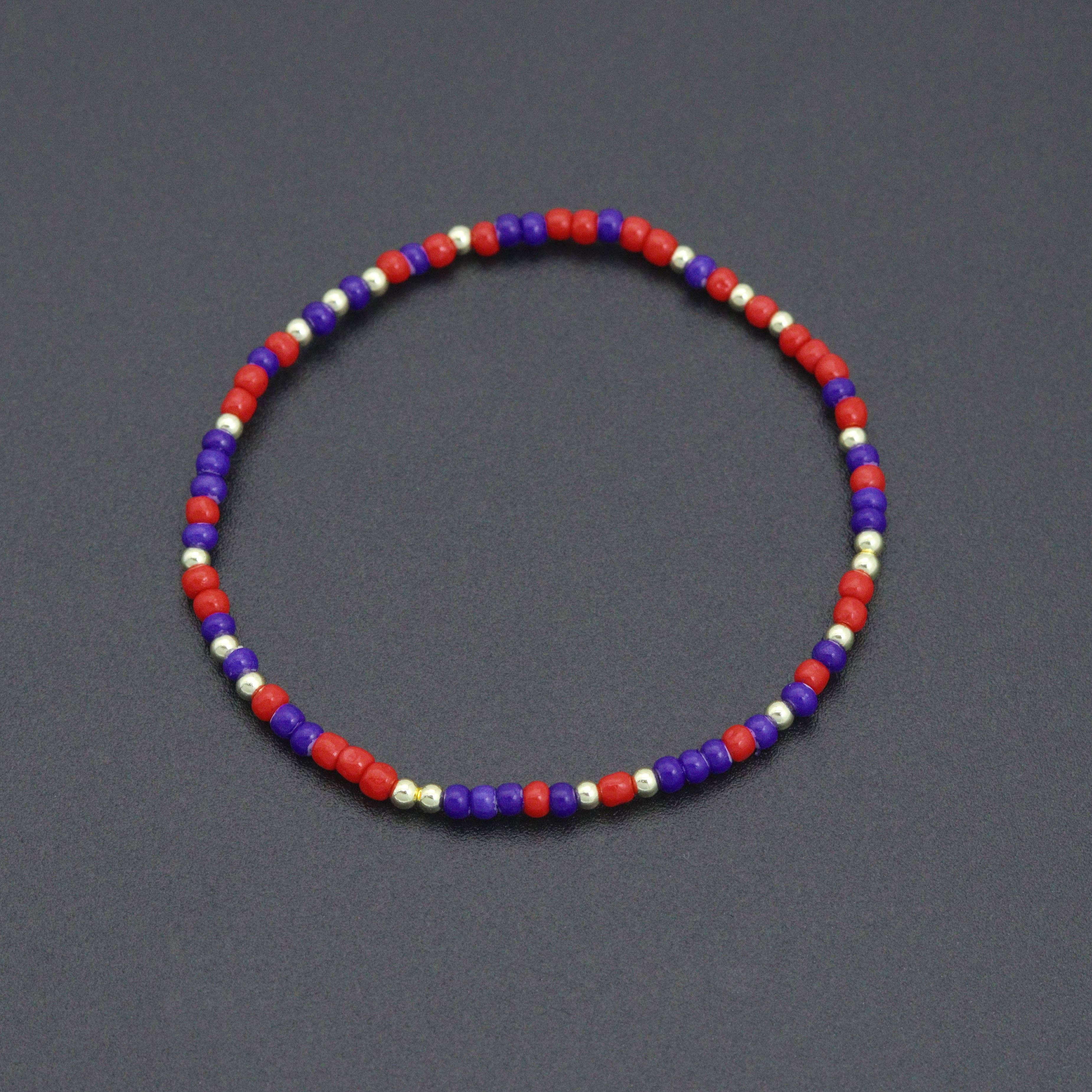 Red Blue Gold Mixed Beads Stretchy Bracelet, Patriotic July 4th Stretch, Sku#EF680