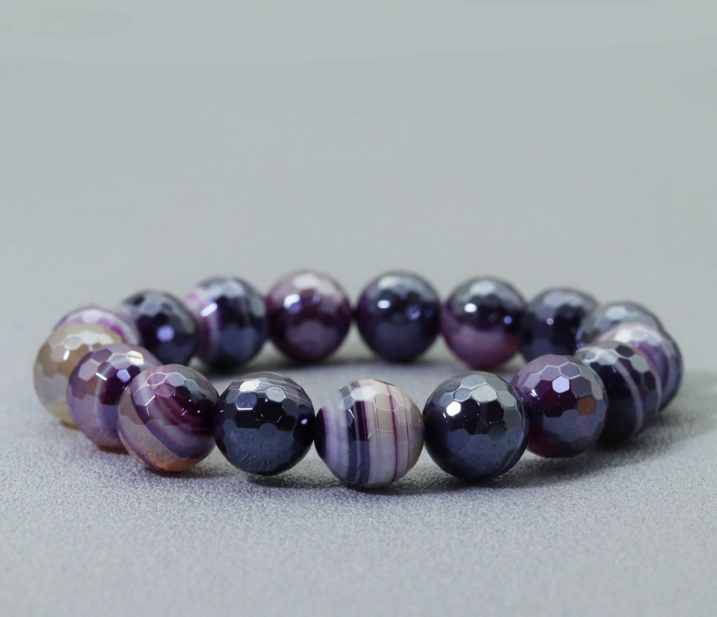 Mystic Purple Banded Agate Faceted Round Agate Stretchy Bracelet, Sku#EF95