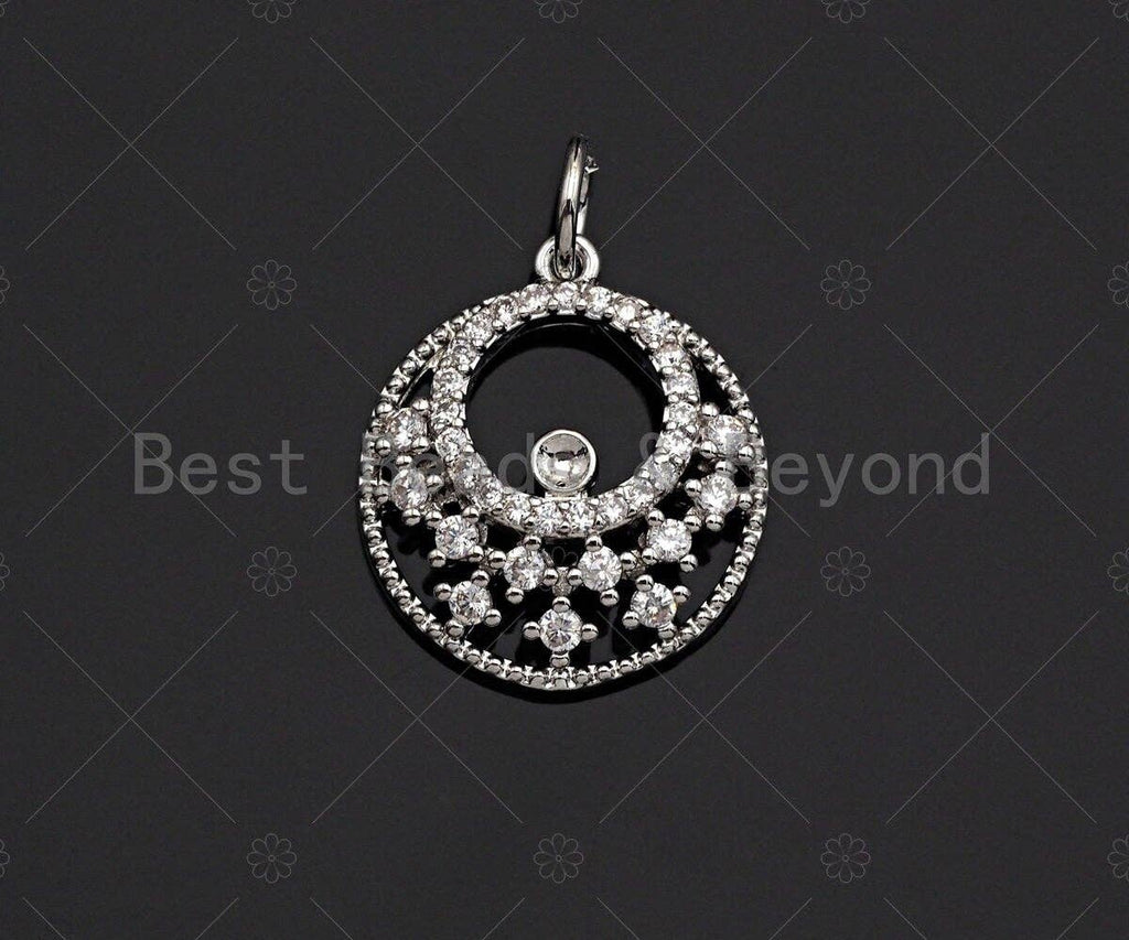 CZ Micro Pave Round Filligree Round GO-GO Pendant/Charm, Hollow Out Cubic Zirconia Pendant, Silver/Gold Tone, 15mm, Sku#Y260