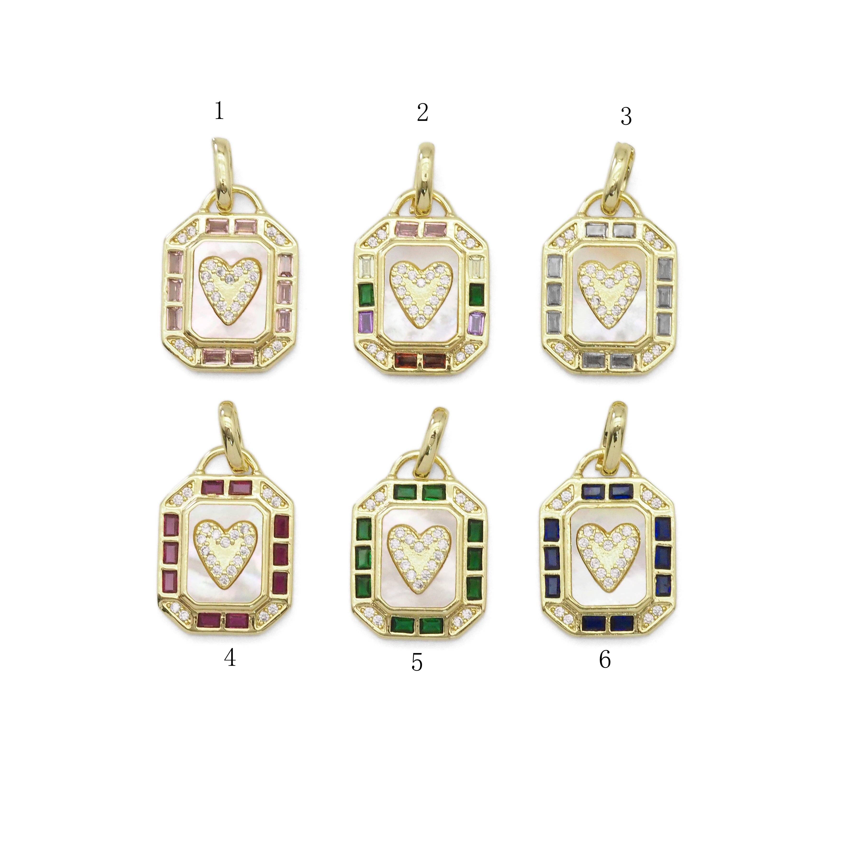 Colorful CZ Mother of Pearl Heart Rectangle Dog Tag Charm, Sku#LX303