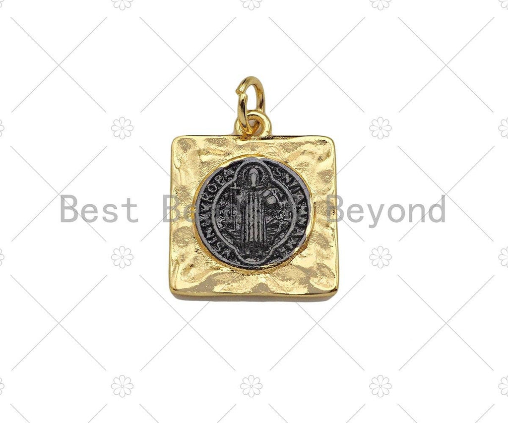 Jesus with Cross on the Other Side Square Shape Pendant,Silver with Gold/Gold with Black Charm,Necklace Bracelet Charm,15x17mm,Sku#Z1311