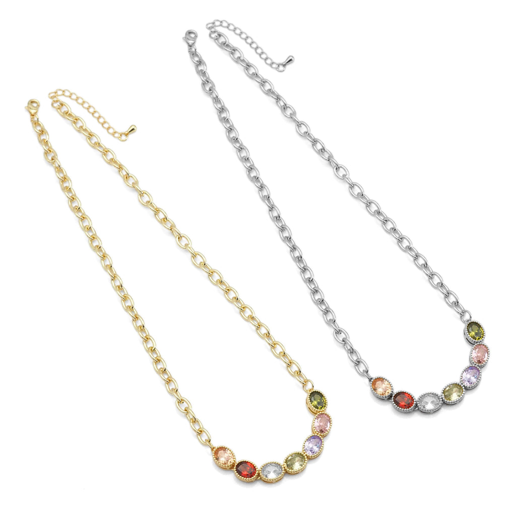 Colorful Oval Link CZ Chain Necklace, Sku#EF359