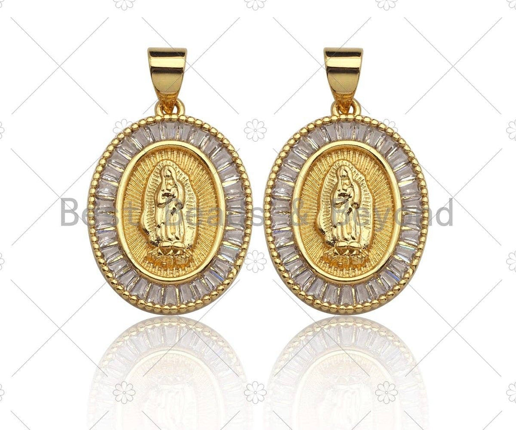 18K Gold Virgin Mary On Oval Emblem Shape Pendant, Oval Charm, Virgin Mary Pave Pendant, Dainty Gold Charm,21x15mm, Sku#F1155