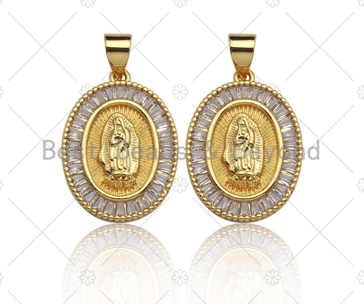 18K Gold Virgin Mary On Oval Emblem Shape Pendant, Oval Charm, Virgin Mary Pave Pendant, Dainty Gold Charm,21x15mm, Sku#F1155