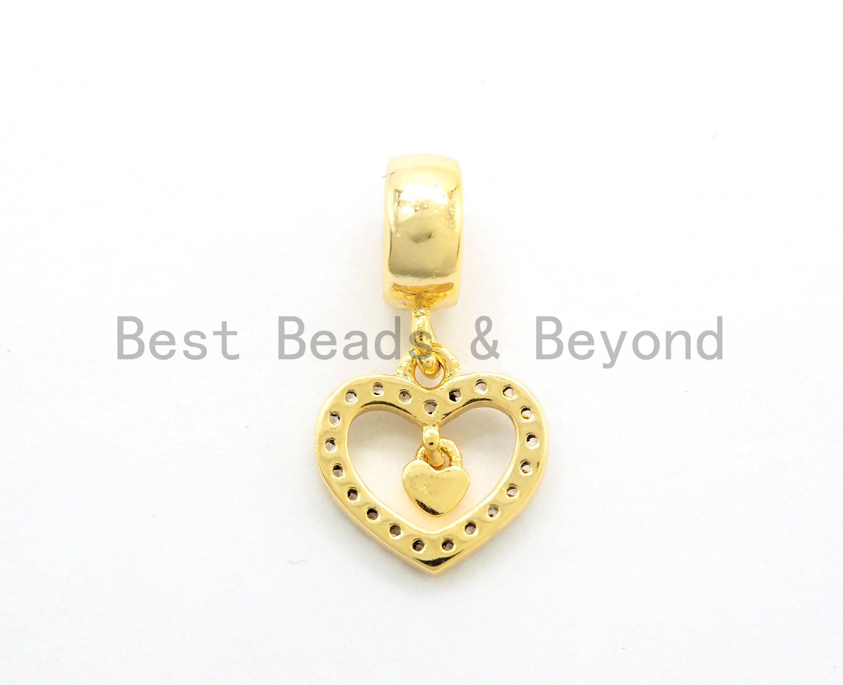 CZ Micro Pave Dangle Heart Shape Pendant, Large hole/Big hole European style bracelet charm Beads,Fit for 3mm Leather Cord, 11x20mm,sku#Y147