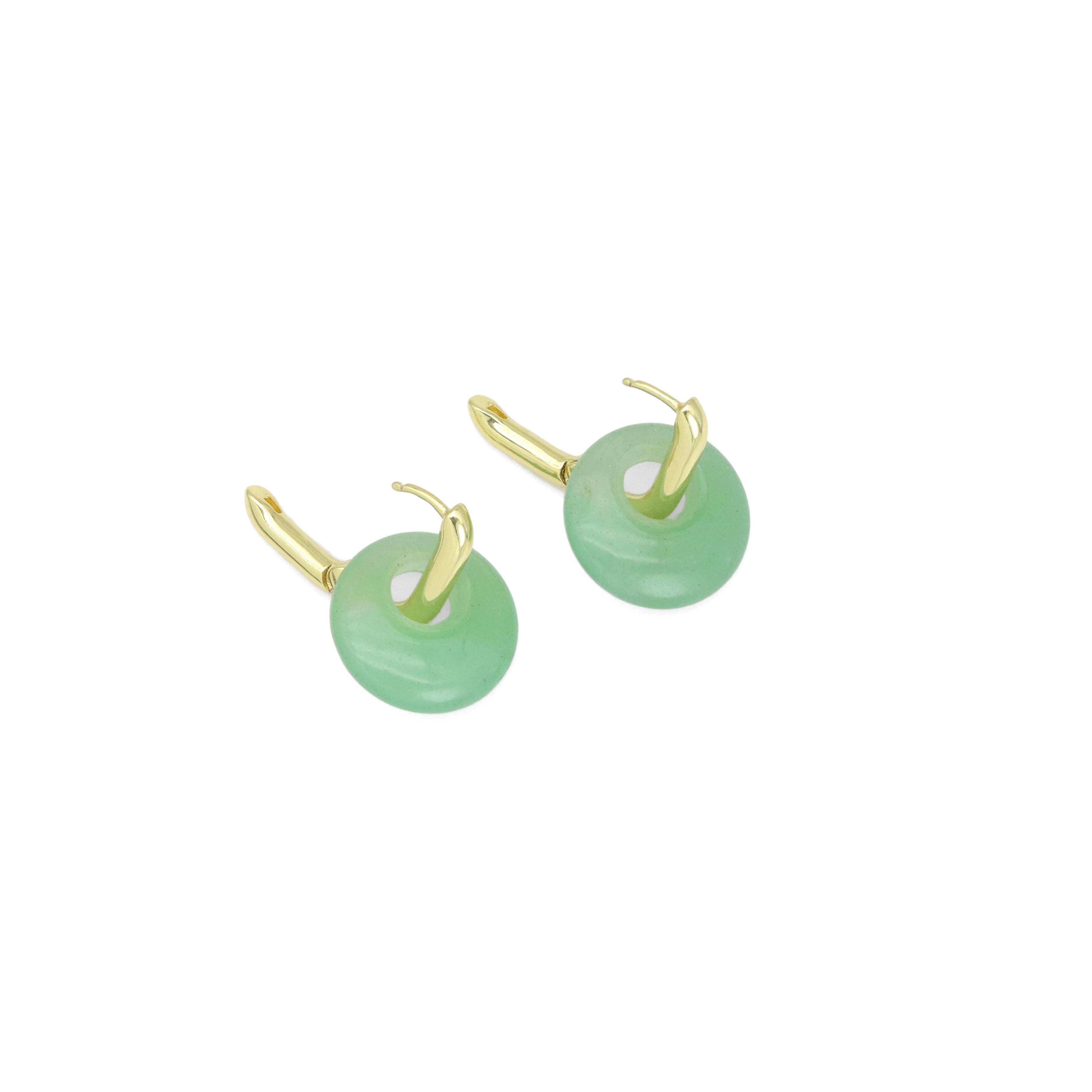 White Quartz Green Jade Donut Shape Gemstone Earrings, Sku#Y1040