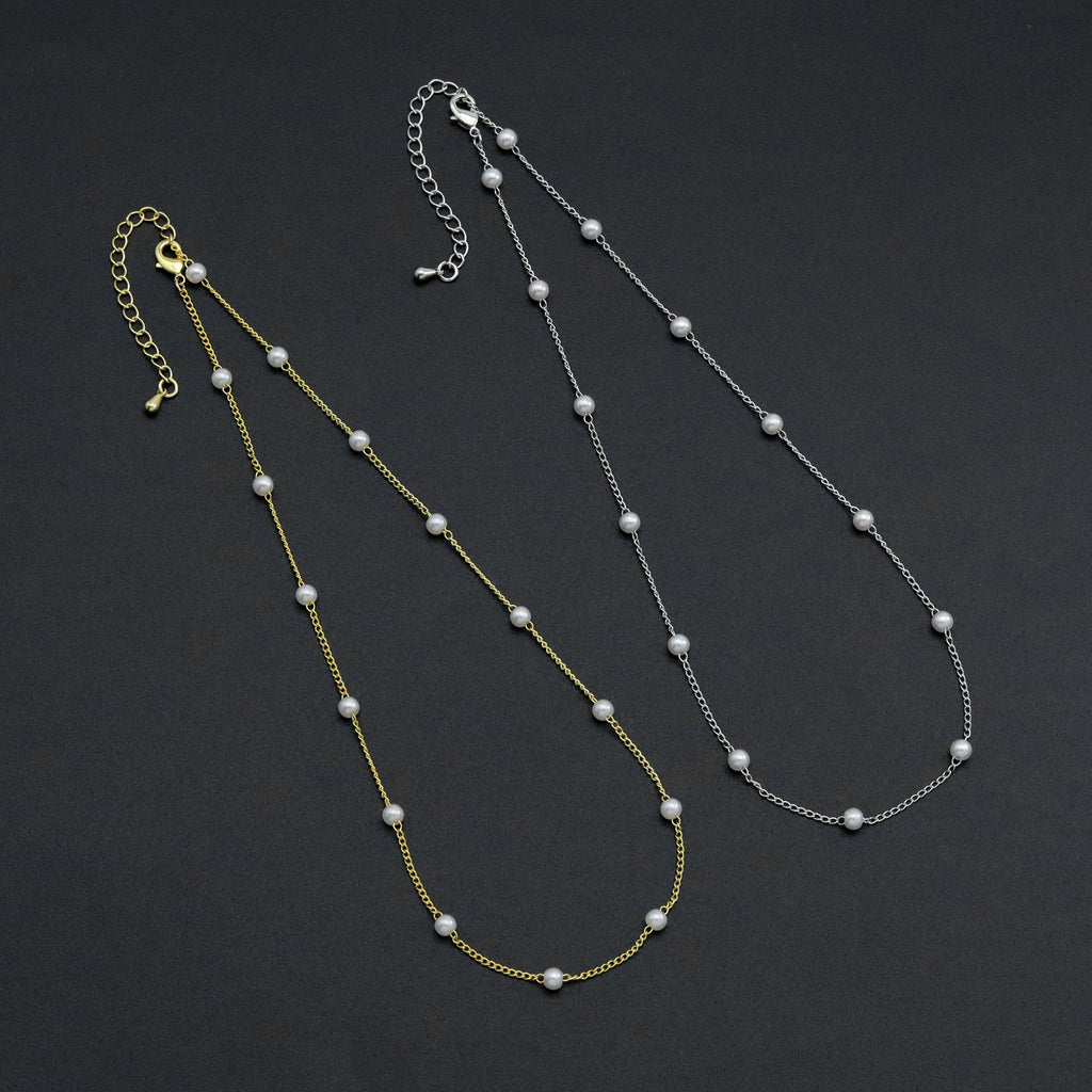 Gold Silver Dainty Pearl Chain Necklace, Sku#EF582