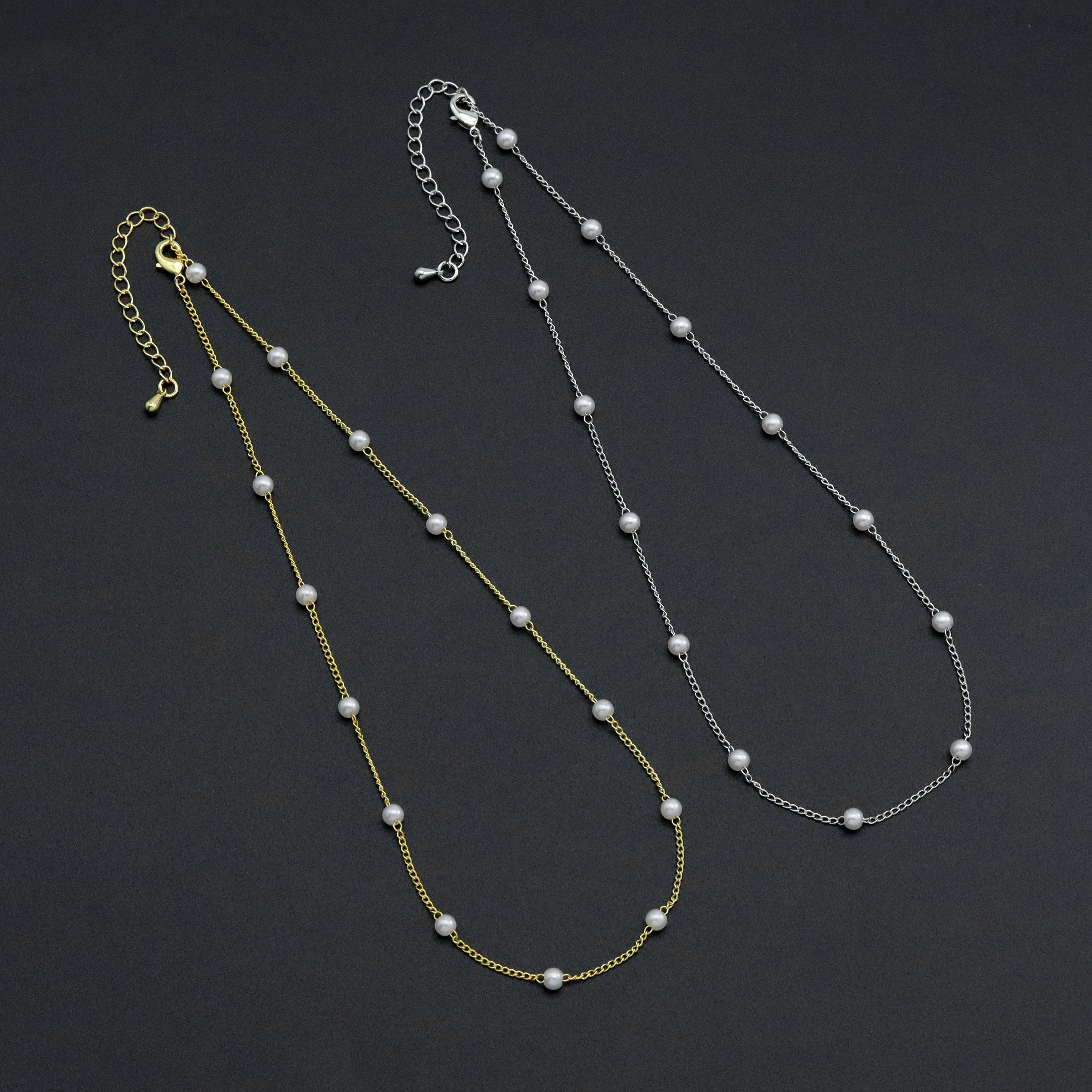 Gold Silver Dainty Pearl Chain Necklace, Sku#EF582