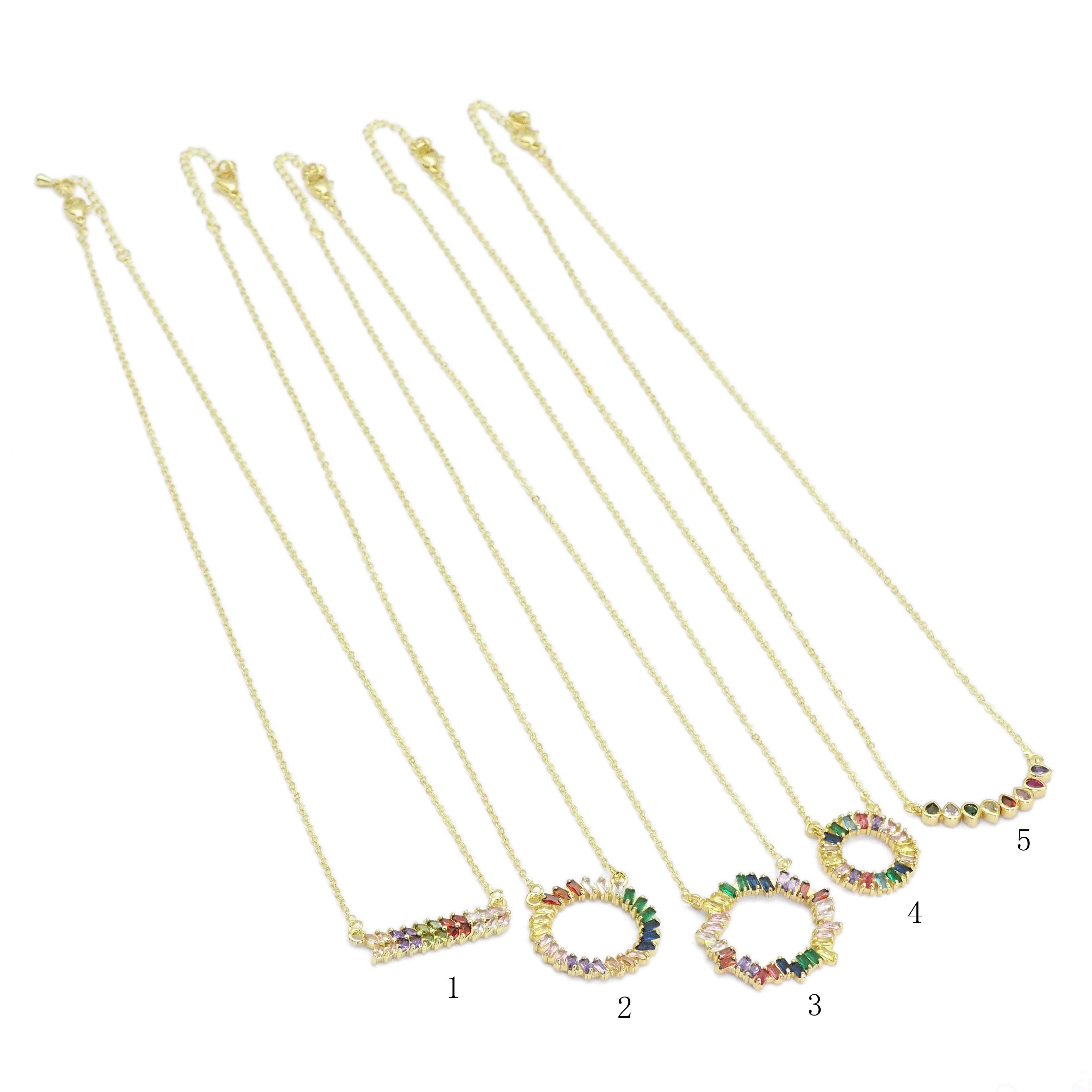Colorful CZ Pendant Link Gold Adjustable Necklace, Sku#EF376