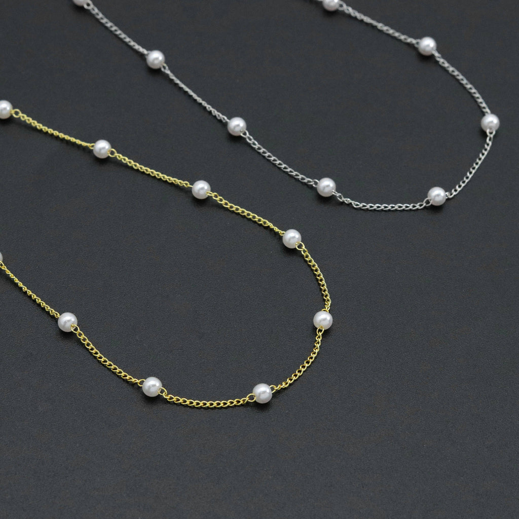 Gold Silver Dainty Pearl Chain Necklace, Sku#EF582