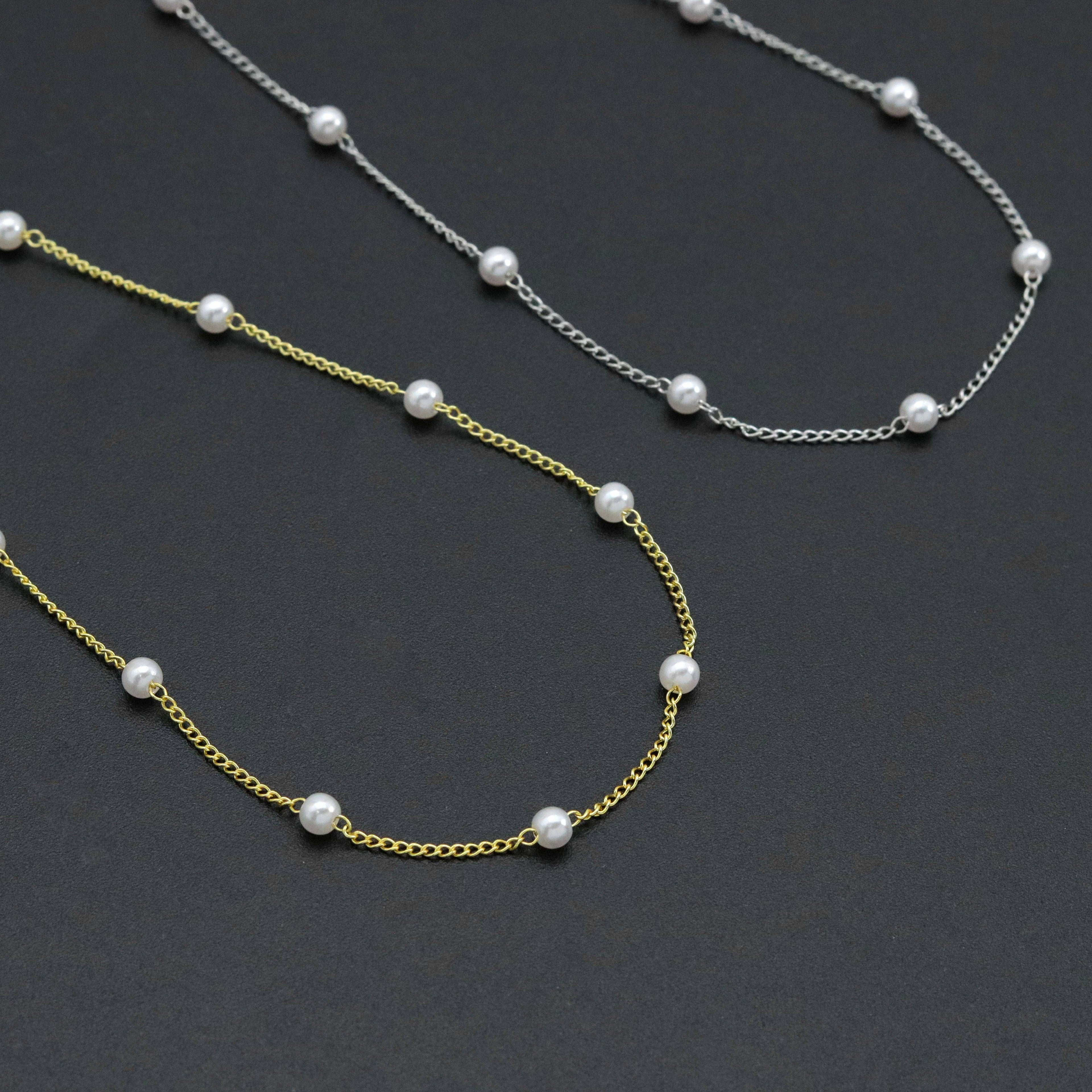 Gold Silver Dainty Pearl Chain Necklace, Sku#EF582