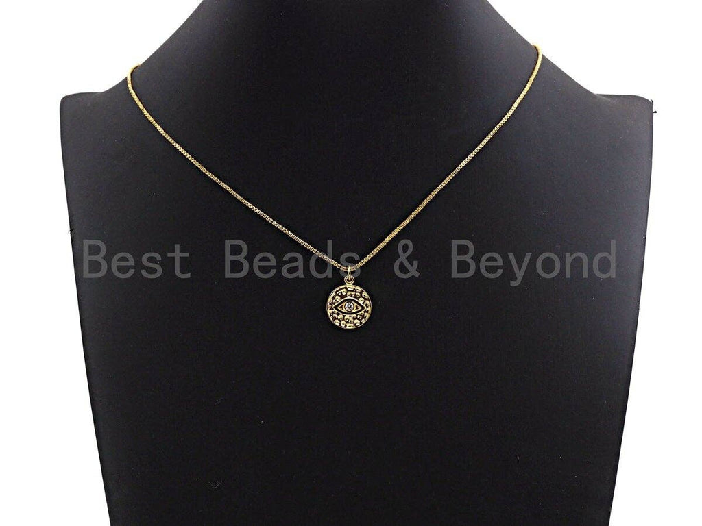 CZ Micro Pave Evil Eye Coin Charm/Pendant,Amulet Evil Eye Charm, Black, Gold Rose, Gold, Silver Finish, 15x17mm,sku#Z423