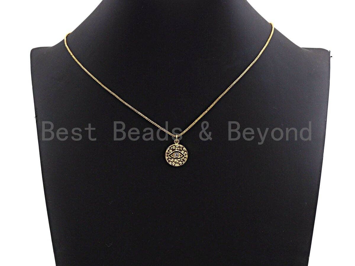 CZ Micro Pave Evil Eye Coin Charm/Pendant,Amulet Evil Eye Charm, Black, Gold Rose, Gold, Silver Finish, 15x17mm,sku#Z423