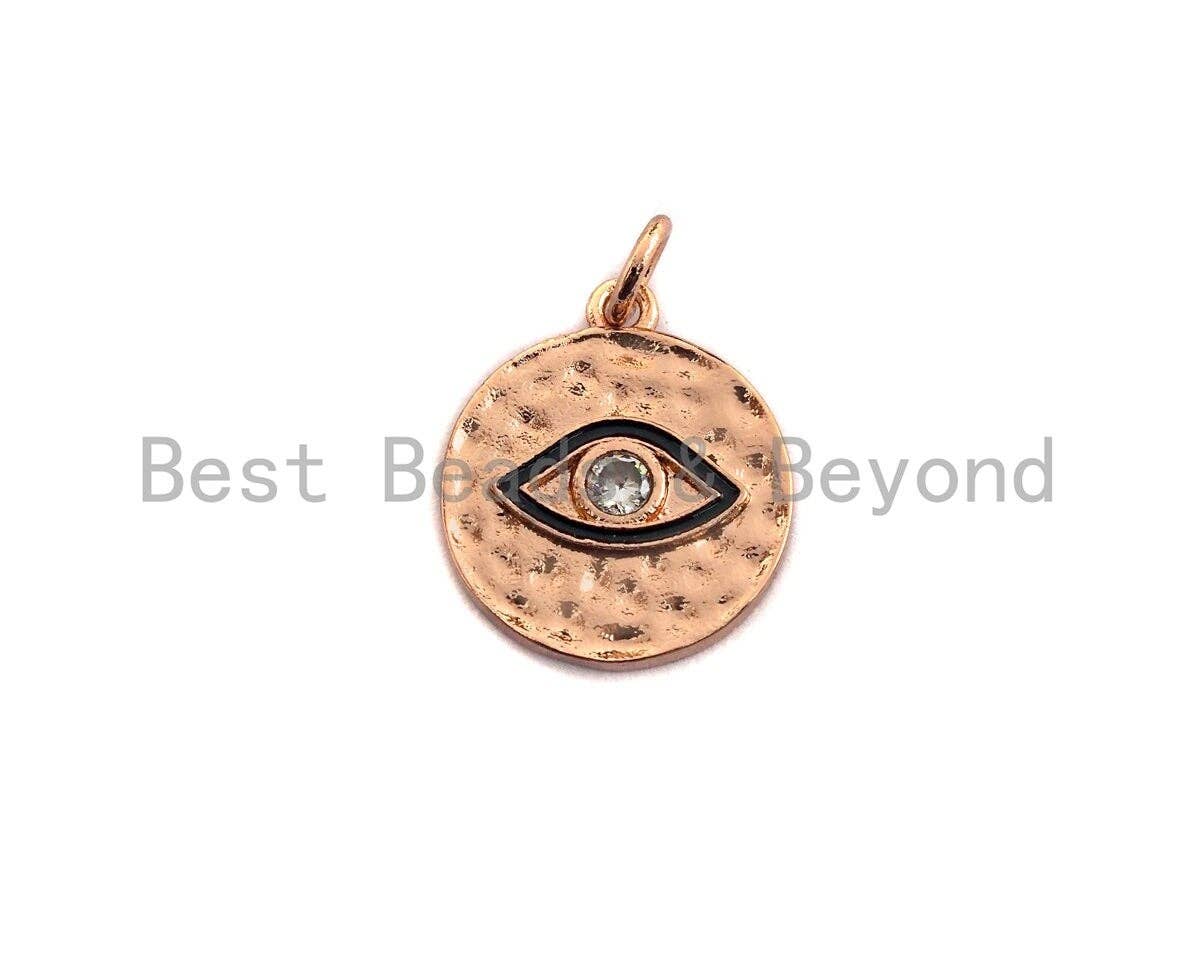 CZ Micro Pave Evil Eye Coin Charm/Pendant,Amulet Evil Eye Charm, Black, Gold Rose, Gold, Silver Finish, 15x17mm,sku#Z423