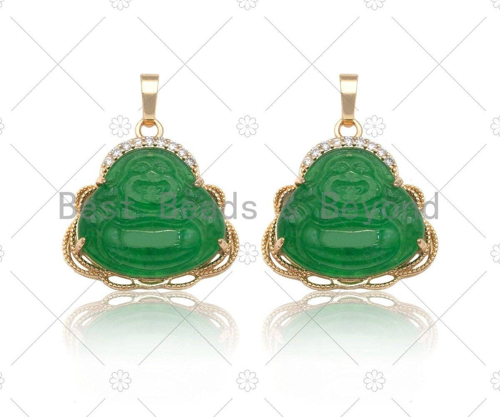 Green Jade Laughting Buddha CZ Pendant, Religious Buddhism Dainty Gold Pendant, Jadite Necklace Bracelet Pendant Charm,29x28mm, Sku#U1153