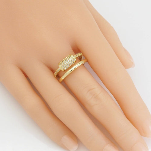 CZ Gold Rectangle Tube Double Line Adjustable Ring, Sku#LX426