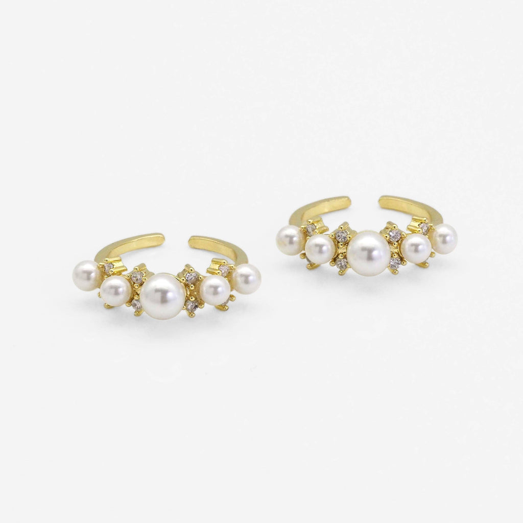 Gold CZ White Pearl Round Ring Adjustable Ring, Sku#LD411c
