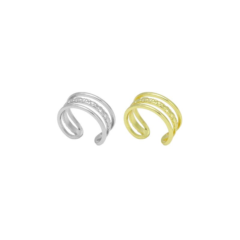 Gold Silver Triple Line Hammered Adjustable Ring, Sku#LX737