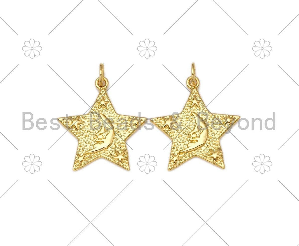CZ Micro Pave Cresent Moon Star On Five Point Star Shape Pendant,18K Gold Filled Star Charm, Necklace Bracelet Pendant, 25x24mm,Sku#Z1388