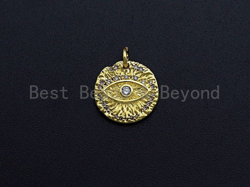 Clear CZ Micro Pave Evil Eye on Disc Pendant/Charm, Embossment Brass Lucky eye Cubic Zirconia Pendant, Gold Tone, 15mm,Sku#Z765