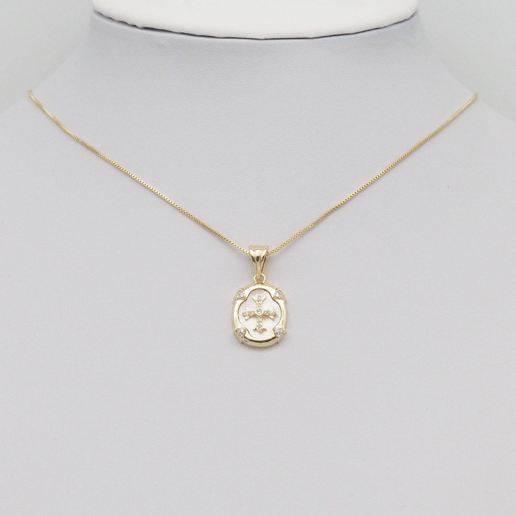 Gold / Silver CZ Cross Mother of Pearl Oval Charm, Sku#ZX164