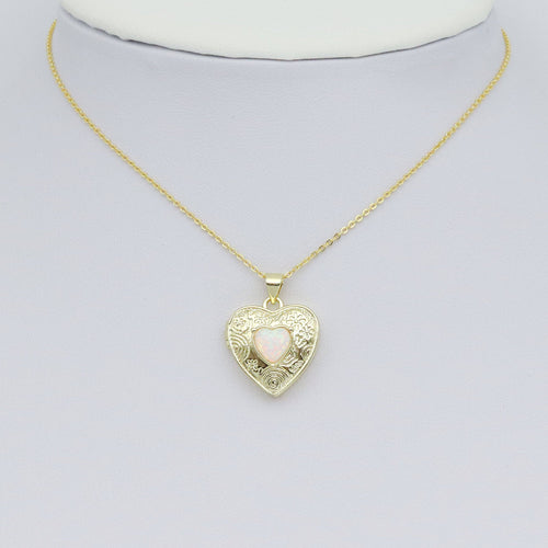 Gold Opal Heart Locket Charm Pendant, Sku#LX689