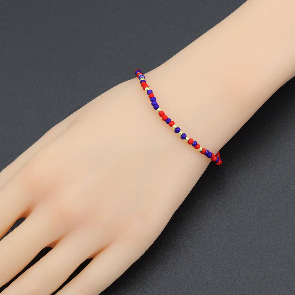 Red Blue Gold Mixed Beads Stretchy Bracelet, Patriotic July 4th Stretch, Sku#EF680